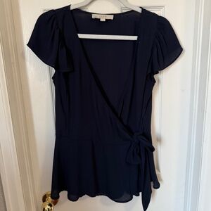 Loft navy smock flutter wrap blouse